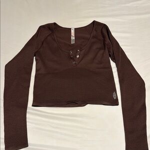 FP movement. Long-Sleeve cropped Chocolate Brown Thermal Top with open back